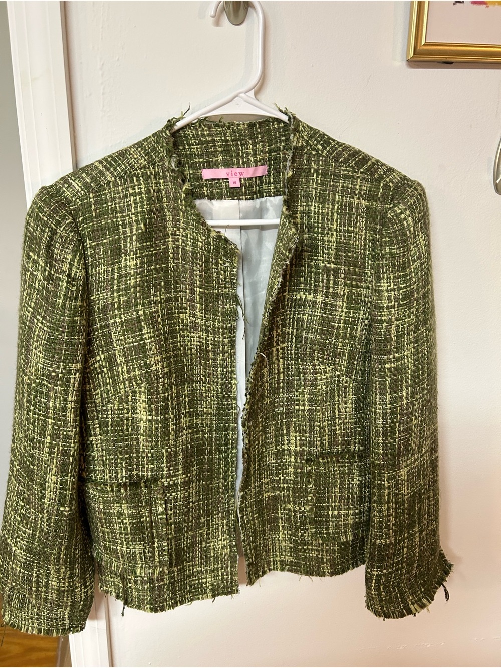 Green Tweed Collarless Blazer Jacket